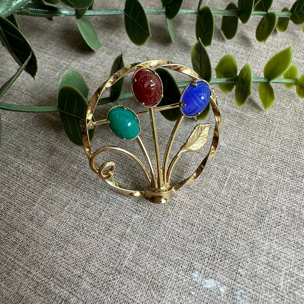 Vintage Sign 12k Gold Filled C.R. Charles Reis Design Floral Multi Stone Brooch